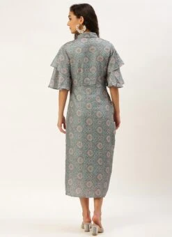 Multicolored Printed Modal Satin Pleated Dress After Six Wear -Indo Clothing Shop Multicolored Printed Modal Satin Pleated Dress DRBS02212632 b