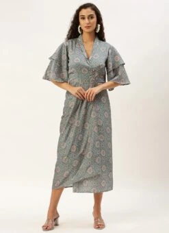 Multicolored Printed Modal Satin Pleated Dress After Six Wear -Indo Clothing Shop Multicolored Printed Modal Satin Pleated Dress DRBS02212632 u