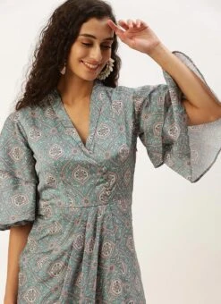 Multicolored Printed Modal Satin Pleated Dress After Six Wear -Indo Clothing Shop Multicolored Printed Modal Satin Pleated Dress DRBS02212632 rrc3