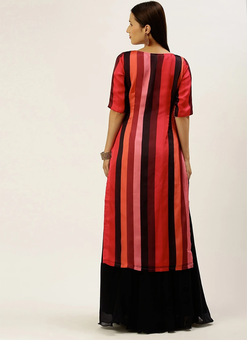 Multicolored Satin N Black Kurta Skirt Set After Six Wear 4 Multicolored Satin N Black Kurta Skirt Set After Six Wear - Image 4