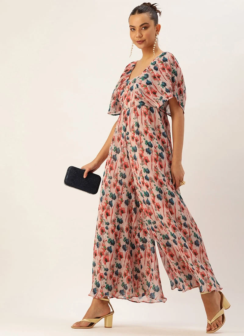 Multicoloured Pleated Georgette Jumpsuit Festive Wear After Six Wear 3 Multicoloured Pleated Georgette Jumpsuit Festive Wear After Six Wear - Image 3