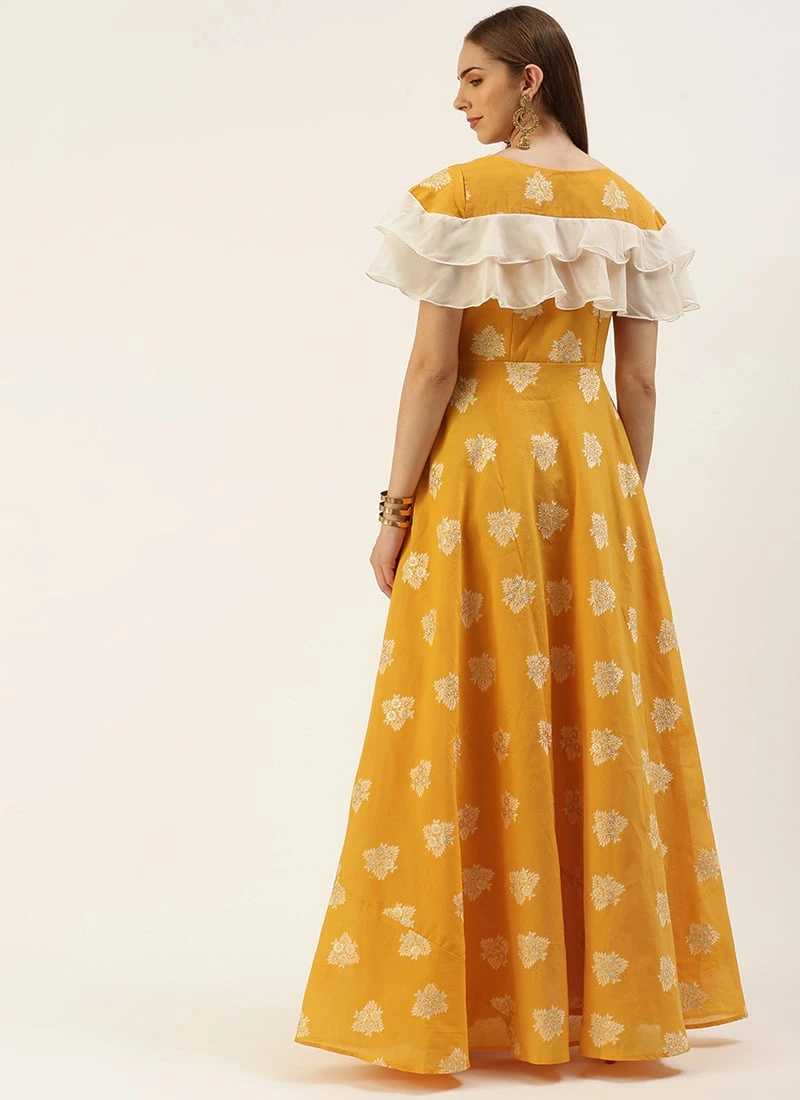 Mustard Art Silk Ruffled Dress Festive Wear 4 Mustard Art Silk Ruffled Dress Festive Wear - Image 4