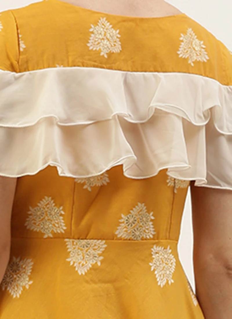 Mustard Art Silk Ruffled Dress Festive Wear 6 Mustard Art Silk Ruffled Dress Festive Wear - Image 6