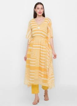 Mustard Chiffon Printed Kaftan Suit Work Wear -Indo Clothing Shop Mustard Chiffon Printed Kaftan Suit KFMZA13A308MU u