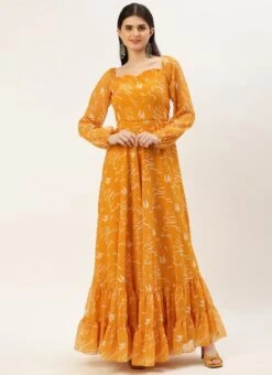 Mustard Digital Print Georgette Maxi Dress After Six Wear -Indo Clothing Shop Mustard Digital Print Georgette Maxi Dress DRBS02301953 u