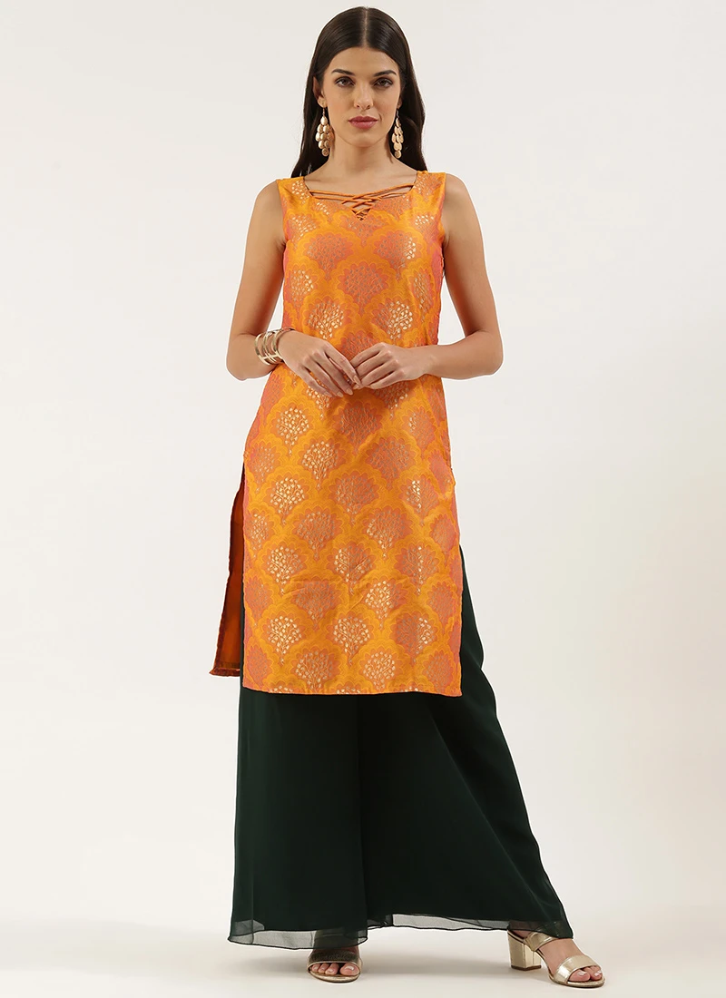 Mustard Kurta N Green Palazzo Set Wedding Wear 3 Mustard Kurta N Green Palazzo Set Wedding Wear - Image 3