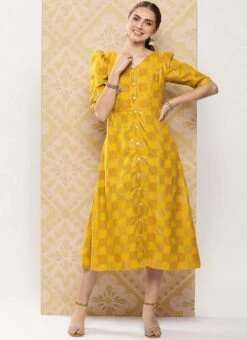 Mustard Rayon Printed A-Line Dress After Six Wear -Indo Clothing Shop Mustard Rayon Printed A Line Dress DRBS02302195 u