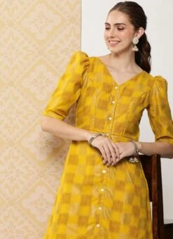Mustard Rayon Printed A-Line Dress After Six Wear -Indo Clothing Shop Mustard Rayon Printed A Line Dress DRBS02302195 rrc3