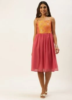 Mustard Taffeta Jacquard N Pink Dress Festive Wear -Indo Clothing Shop Mustard Taffeta Jacquard N Pink Dress DRBS02205007 u