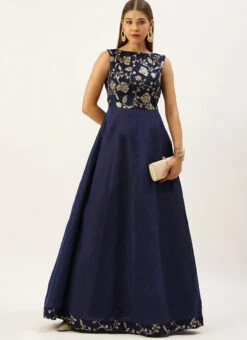 Navy Blue Embroidered Kali Style Gown Festive Wear -Indo Clothing Shop Navy Blue Embroidered Kali Style Gown IWBS02203495 u