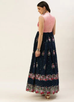 Navy Blue Embroidered Pleated Style Gown Party Wear -Indo Clothing Shop Navy Blue Embroidered Pleated Style Gown IWBS02209733 b
