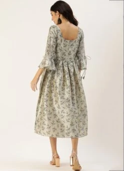 Off White Art Silk Gathered Flare Dress Festive Wear -Indo Clothing Shop Off White Art Silk Gathered Flare Dress DRBS02204729 b