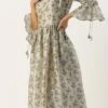 Off White Art Silk Gathered Flare Dress Festive Wear