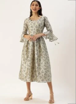 Off White Art Silk Gathered Flare Dress Festive Wear -Indo Clothing Shop Off White Art Silk Gathered Flare Dress DRBS02204729 u