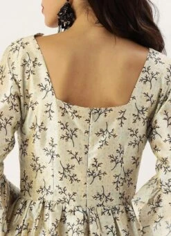 Off White Art Silk Gathered Flare Dress Festive Wear -Indo Clothing Shop Off White Art Silk Gathered Flare Dress DRBS02204729 rrc2