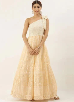 Off White Embroidered Kali Style One Shoulder Gown Party Wear -Indo Clothing Shop Off White Embroidered Kali Style One Shoulder Gown IWBS02007375 u