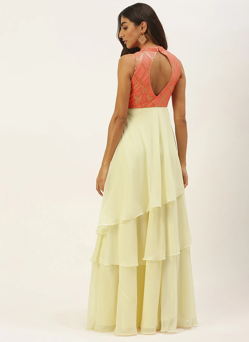 Off White N Peach Georgette Embroidered Gown Festive Wear 4 Off White N Peach Georgette Embroidered Gown Festive Wear - Image 4