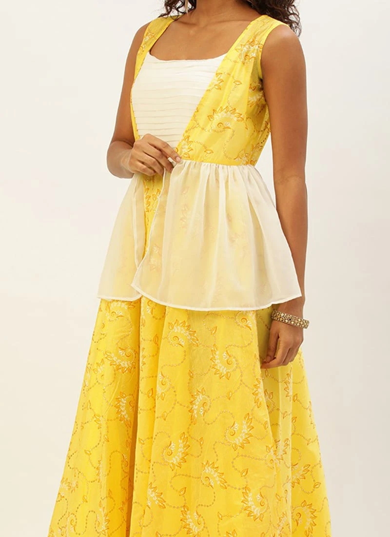 Off White N Yellow Foil Printed Gown Festive Wear 1 Off White N Yellow Foil Printed Gown Festive Wear
