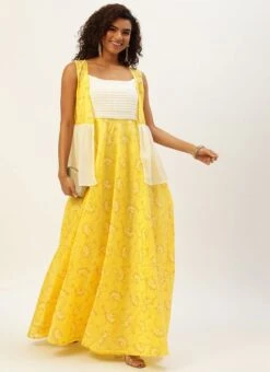 Off White N Yellow Foil Printed Gown Festive Wear 10 Off White N Yellow Foil Printed Gown Festive Wear -Indo Clothing Shop Off White N Yellow Foil Printed Gown IWBS02209689 u 1