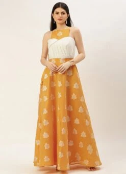 Off White N Mustard Jacquard Maxi Dress Festive Wear -Indo Clothing Shop Off White N mustard Jacquard Maxi Dress DRBS02210940 u