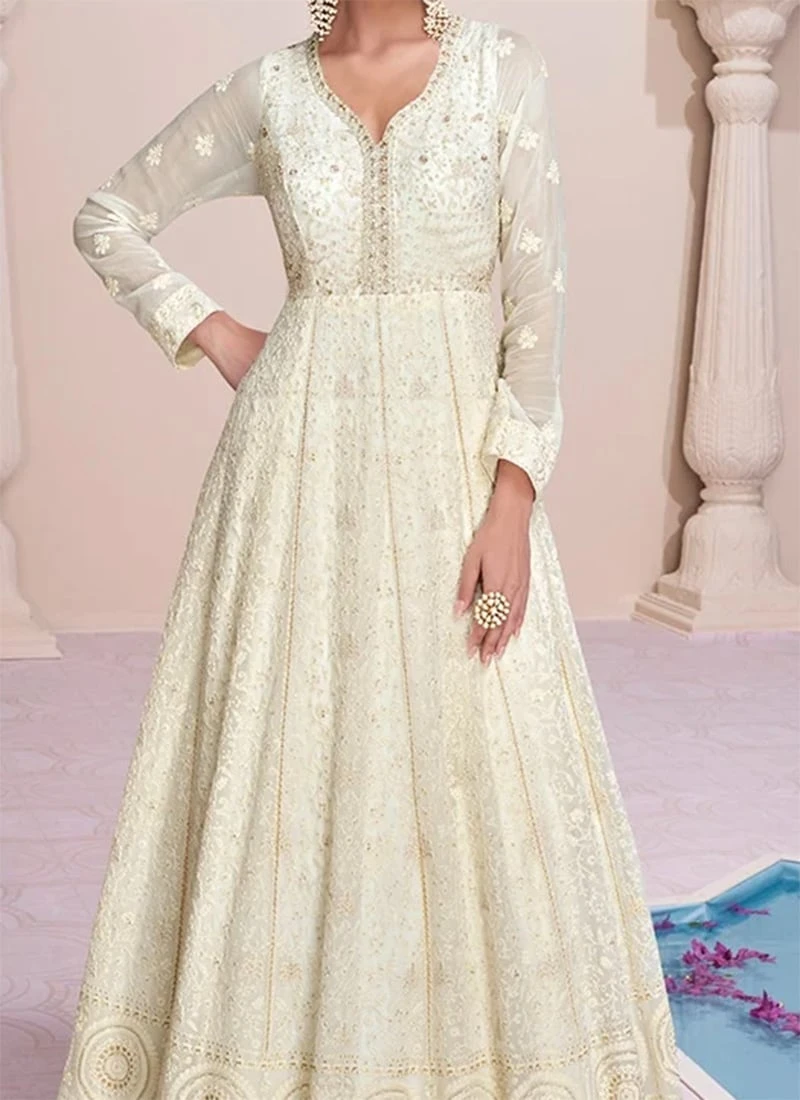 Off White Faux Georgette Embroidered With Beads Gown Party Wear 1 Off White Faux Georgette Embroidered With Beads Gown Party Wear