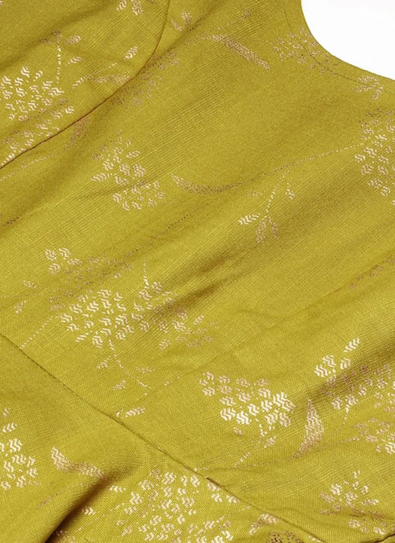 Olive Green Rayon Foil Print Jacket N Dress Festive Wear 5 Olive Green Rayon Foil Print Jacket N Dress Festive Wear - Image 5