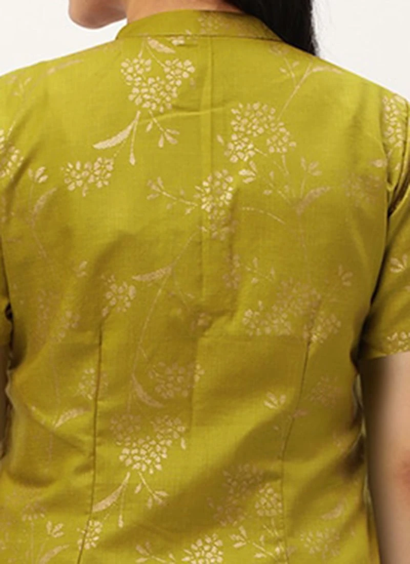 Olive Green Rayon Foil Print Jacket N Dress Festive Wear 7 Olive Green Rayon Foil Print Jacket N Dress Festive Wear - Image 7