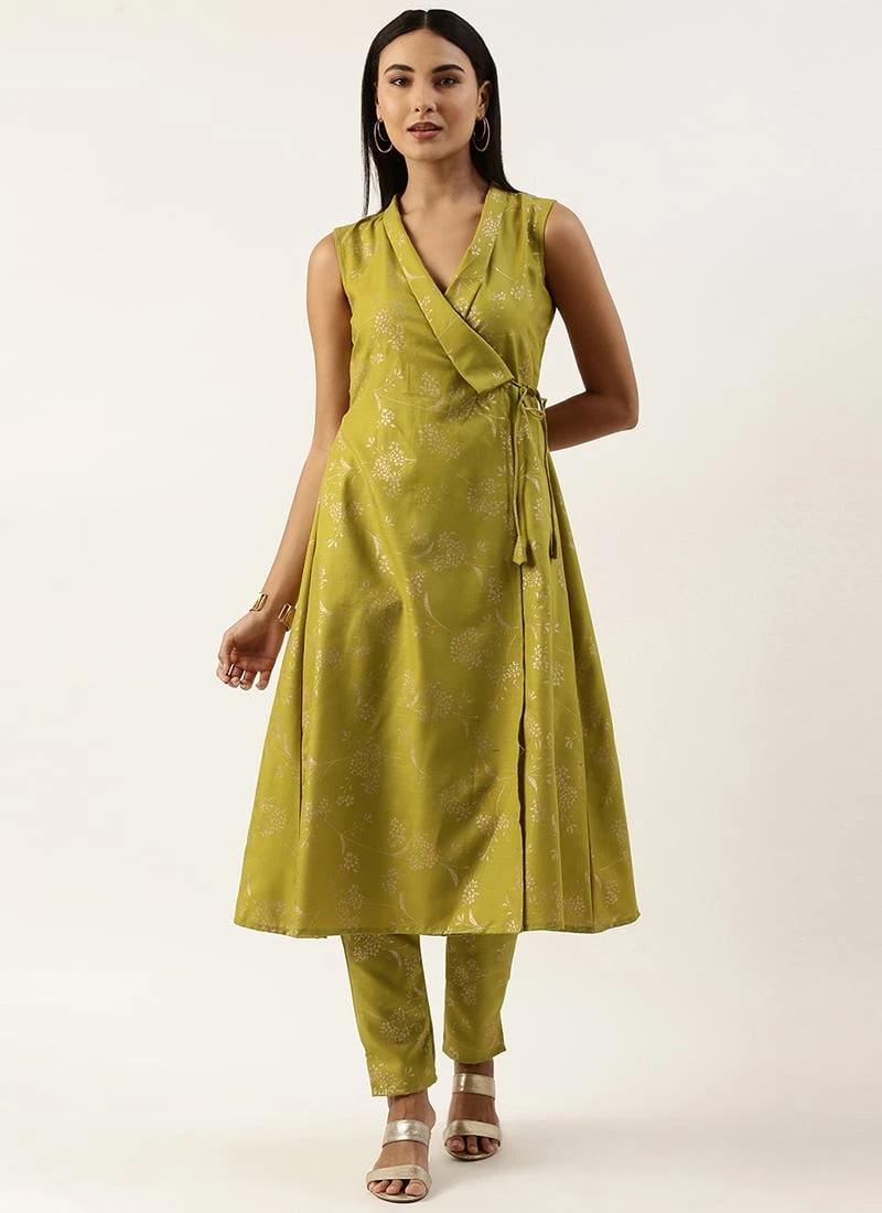 Olive Green Rayon Foil Print Kurta Set After Six Wear Festive Wear 3 Olive Green Rayon Foil Print Kurta Set After Six Wear Festive Wear - Image 3