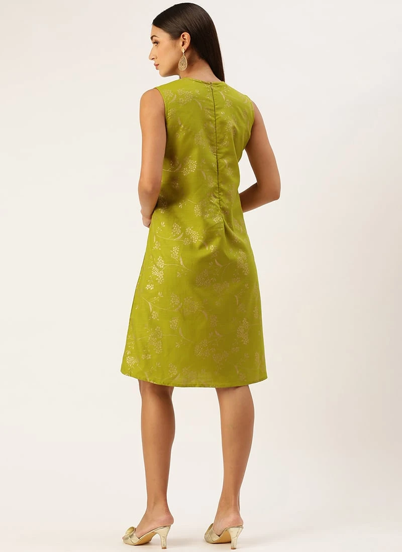 Olive Green Rayon Print Dress After Six Wear 4 Olive Green Rayon Print Dress After Six Wear - Image 4