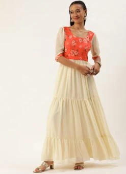 Orange N Off White Printed Dress Festive Wear -Indo Clothing Shop Orange N Off White Printed Dress DRBS02303892 u