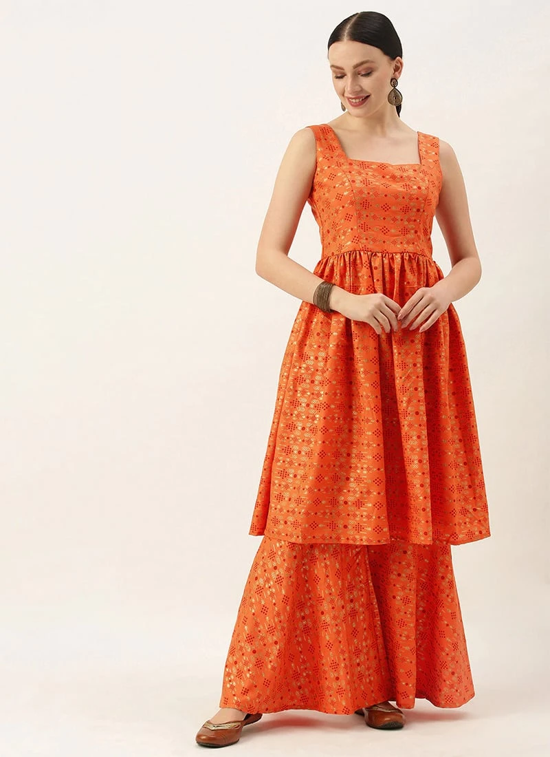 Orange Printed Kurta N Gharara Set Festive Wear 3 Orange Printed Kurta N Gharara Set Festive Wear - Image 3