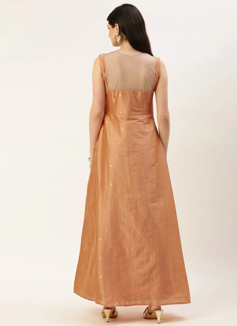 Peach Art Silk Jacquard Dress Festive Wear 4 Peach Art Silk Jacquard Dress Festive Wear - Image 4