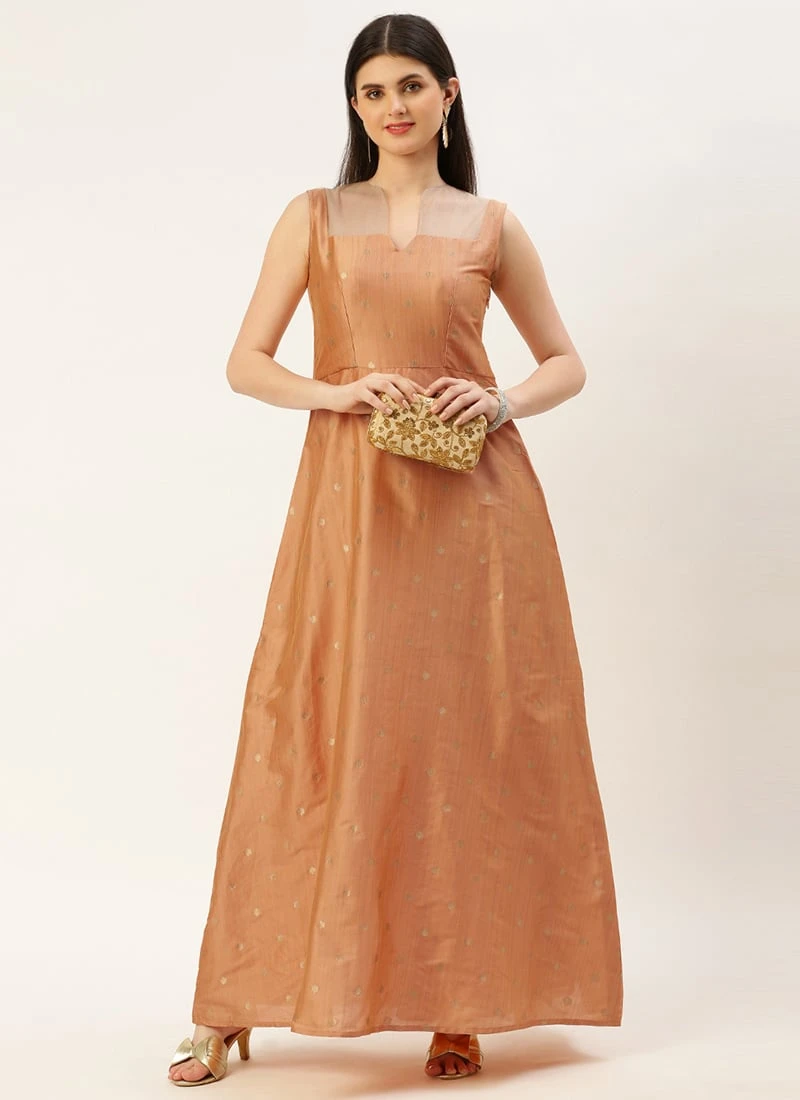 Peach Art Silk Jacquard Dress Festive Wear 3 Peach Art Silk Jacquard Dress Festive Wear - Image 3