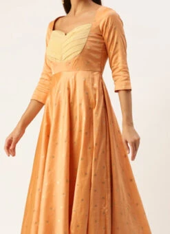 Peach Art Silk Jacquard Pleated Yoke Gown Wedding Wear