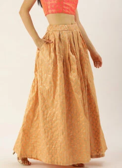 Peach Brocade Box Pleated Skirt Festive Wear