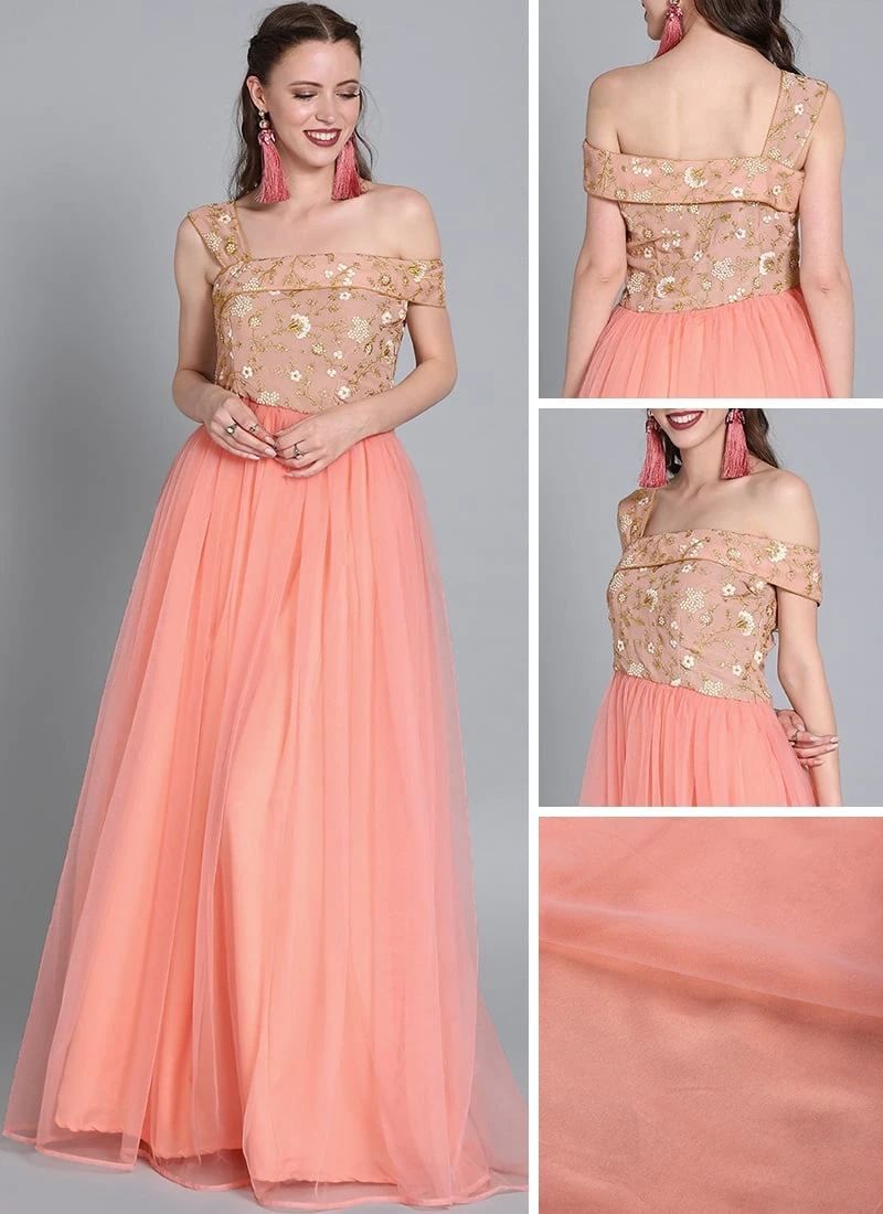 Peach Embroiderd Flap Style Flared Gown Party Wear 3 Peach Embroiderd Flap Style Flared Gown Party Wear - Image 3
