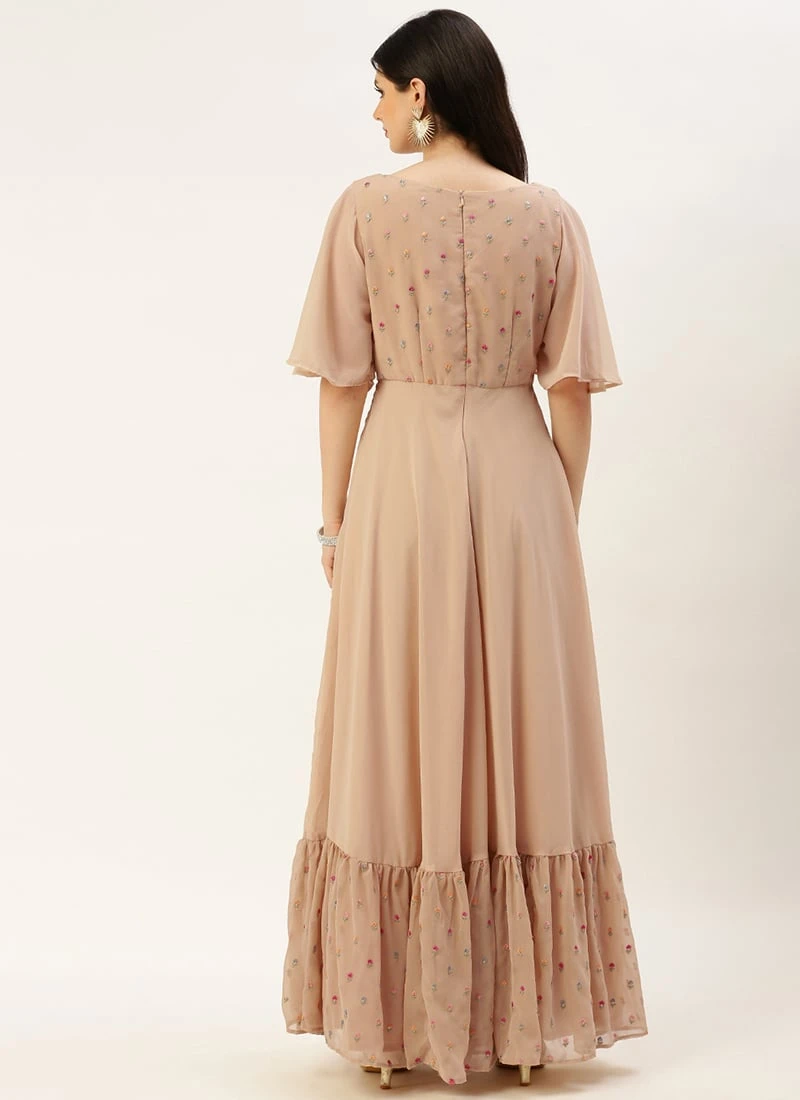 Peach Embroidered Georgette Dress Festive Wear 4 Peach Embroidered Georgette Dress Festive Wear - Image 4