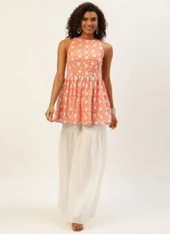 Top From Peach Embroidered Georgette Gharara Suit After Six Wear -Indo Clothing Shop Peach Embroidered Georgette Gharara Suit IWBS02209755 u