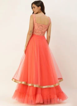 Peach Embroidered Layered Style Gown Wedding Wear -Indo Clothing Shop Peach Embroidered Layered Style Gown IWBS02009838 b