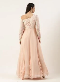 Peach Embroidered One Shoulder Ruffle Gown Party Wear -Indo Clothing Shop Peach Embroidered One Shoulder Ruffle Gown IWBS02204750 b
