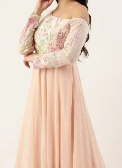 Peach Embroidered One Shoulder Ruffle Gown Party Wear