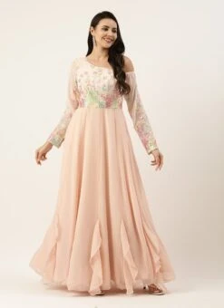 Peach Embroidered One Shoulder Ruffle Gown Party Wear -Indo Clothing Shop Peach Embroidered One Shoulder Ruffle Gown IWBS02204750 u