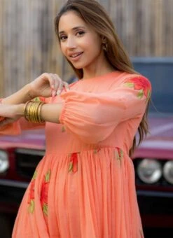 Peach Faux Chiffon Digital Print Fit And Flare Dress After Six Wear -Indo Clothing Shop Peach Faux Chiffon Digital Print Fit And Flare Dress DRSSUF1303 b