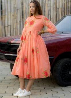 Peach Faux Chiffon Digital Print Fit And Flare Dress After Six Wear -Indo Clothing Shop Peach Faux Chiffon Digital Print Fit And Flare Dress DRSSUF1303 u