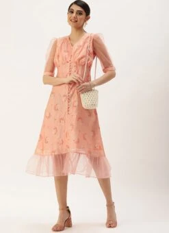 Peach Foil Printed A Line Dress After Six Wear -Indo Clothing Shop Peach Foil Printed A Line Dress DRBS02209710 u