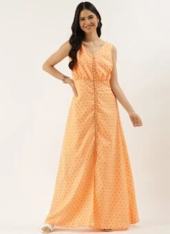 Peach Foil Printed Cotton Maxi Dress After Six Wear Festive Wear -Indo Clothing Shop Peach Foil Printed Cotton Maxi Dress DRBS02206182 u