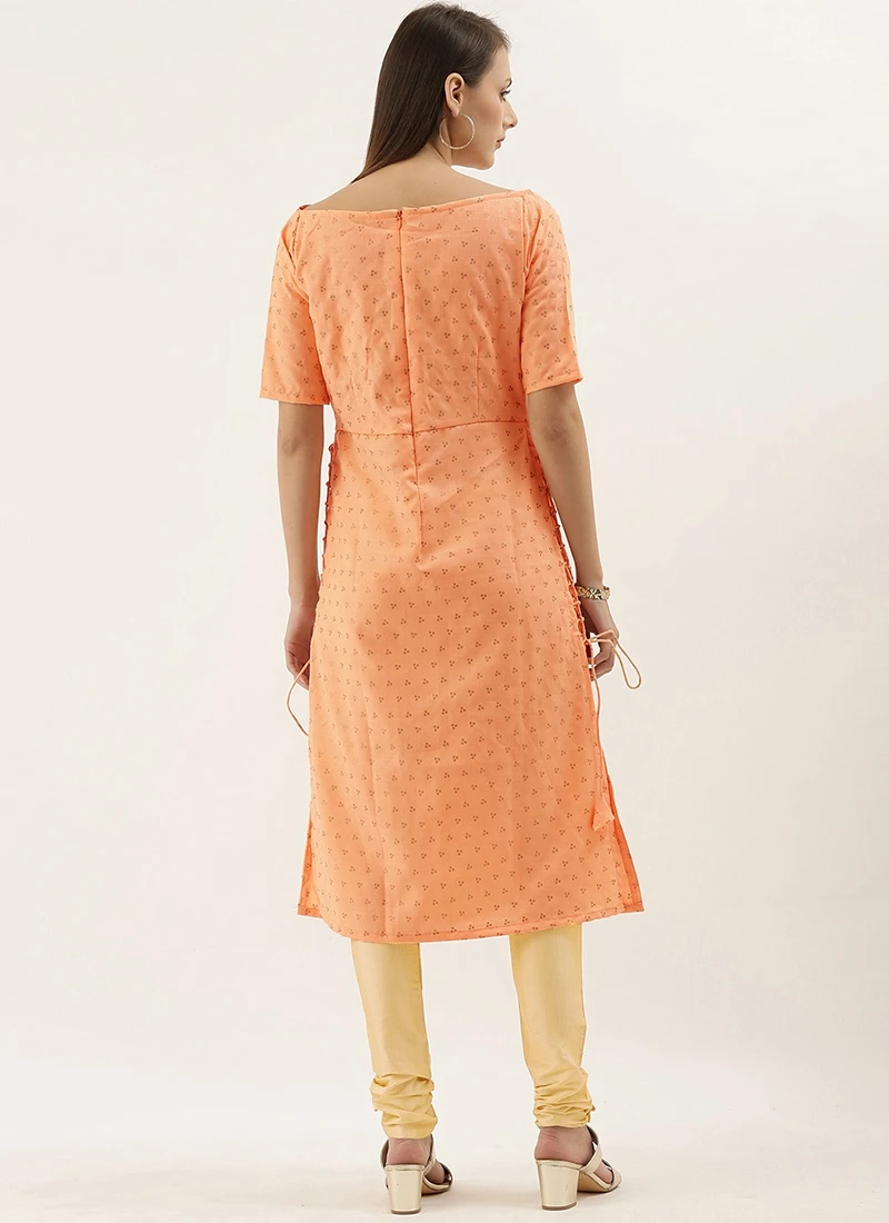 Peach Foil Printed Rayon Calf Length Kurta Set After Six Wear 4 Peach Foil Printed Rayon Calf Length Kurta Set After Six Wear - Image 4