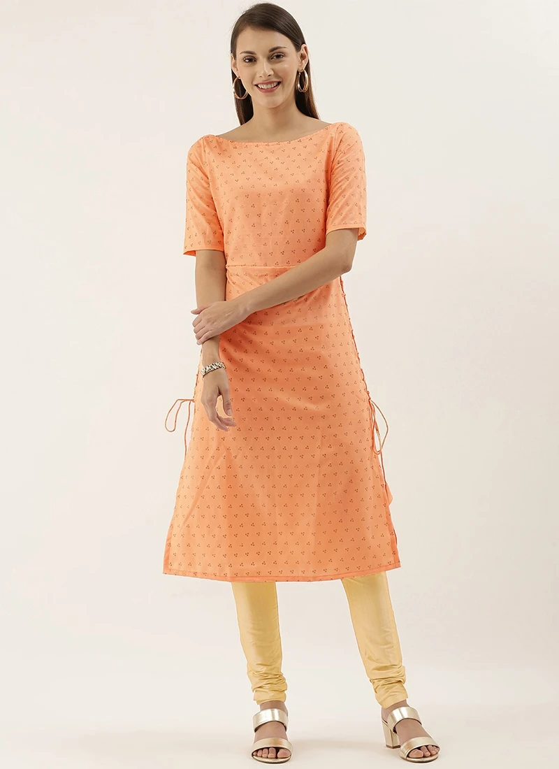 Peach Foil Printed Rayon Calf Length Kurta Set After Six Wear 3 Peach Foil Printed Rayon Calf Length Kurta Set After Six Wear - Image 3