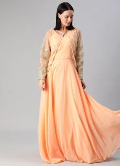 Peach Georgette Gown N Embroidered Jacket Festive Wear -Indo Clothing Shop Peach Georgette Gown N Embroidered Jacket IWBS01912936 u