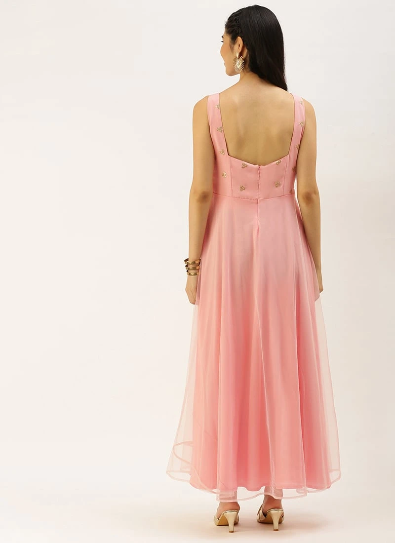 Peach N Pink Embroidered Dress Party Wear 4 Peach N Pink Embroidered Dress Party Wear - Image 4